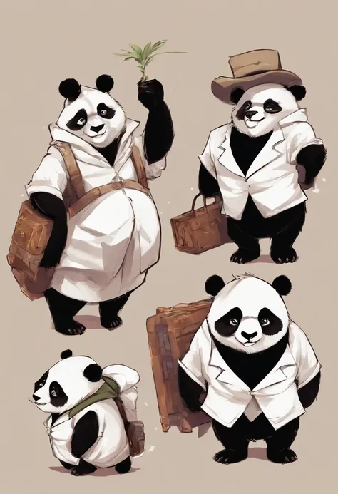 anthropomorphic panda, de cuerpo entero, vestido formalmente con un blazer, sostiene una bandeja, pegatina de panda, sticker de panda.