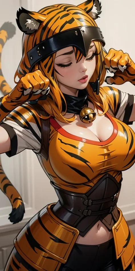 1 solo female blindfolded, animal tiger ears, animal tiger hands, animal tiger print, bell ((armor reminiscent of a tiger))