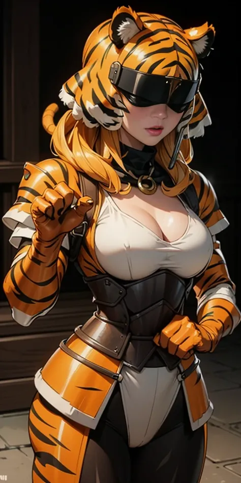 1 solo female blindfolded, animal tiger ears, animal tiger hands, animal tiger print, bell ((Armor reminiscent of a tiger))