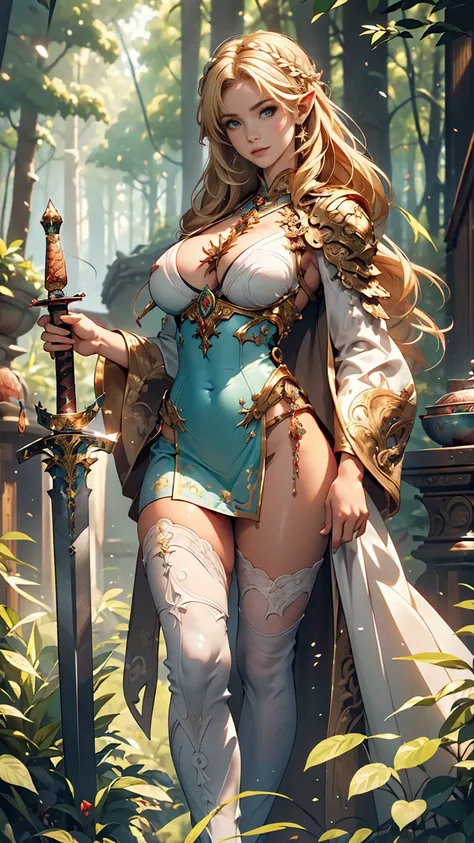 masterpiece, highest quality, Intricate details, Gorgeous blonde elven woman, (mint eye), Celestine Lucullus, Perfect Anatomy, Perfect Face:1.1), ((Huge breasts!!!!!!)),(Huge breasts!!!!), White one-piece uniform, Sharp focus, ((alone:1.4), (Full Body Shot...