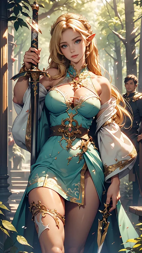 masterpiece, highest quality, Intricate details, Gorgeous blonde elven woman, (mint eye), Celestine Lucullus, Perfect Anatomy, Perfect Face:1.1), ((Huge breasts!!!!!!)),(Huge breasts!!!!), White one-piece uniform, Sharp focus, ((alone:1.4), (Full Body Shot...