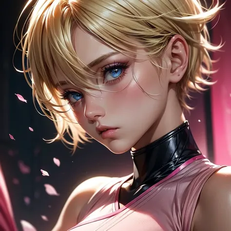 blonde girl, short hair, blue eyes, pink lips, pink and full cheeks, fighting outfit, with a cut on her cheek, face of someone who just came out of a battle, athletic, realistic body