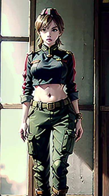 
Women in crop top soldier uniform, soldier hat, medal on the chest,  exposed abdomen area, very low waist cargo pants, navel, 45 years-old, high ranking , standing, 