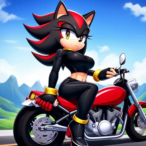 Mobian, female, (hedgehog similar to Shadow the Hedgehog but female), feminine eyelashes, large breasts, black fur, hair bangs, perfect feminine figure, seated on a motorcycle,black motorcycle, (detailed background), anime style, highway with mountains bac...