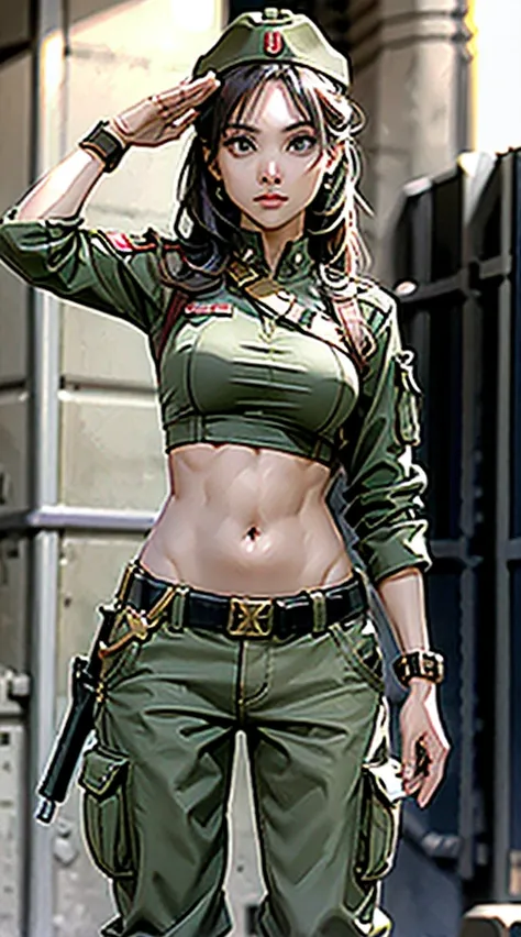 
Women in crop top soldier uniform, soldier hat, medal on the chest,  exposed abdomen area, very low waist cargo pants, navel, 45 years-old, high ranking , standing, military salute