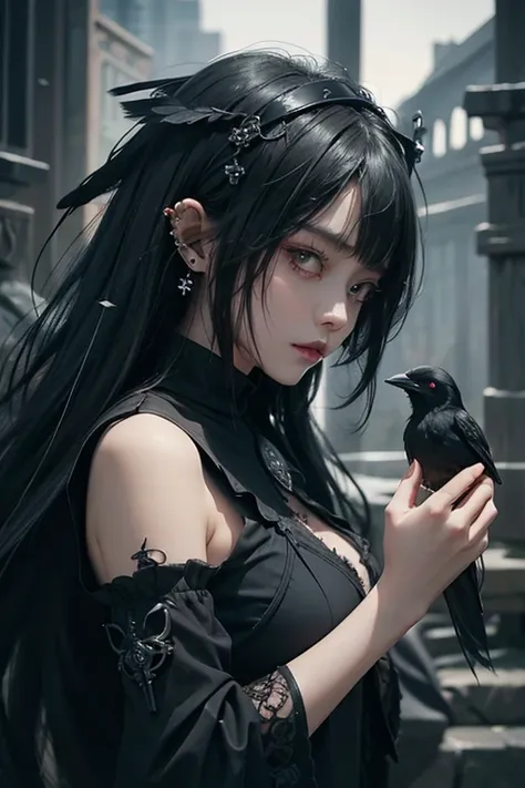 there is a woman with a bird on her shoulder, with long hair and piercing eyes, dark fantasy mixed with realism, 1 7 - year - old anime goth girl, cute face. dark fantasy, raven black hair, black hair and large eyes, by Yang J, artwork in the style of guwe...