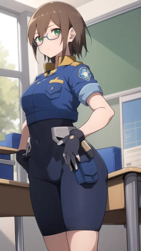 Aile_megamanzx, 1 girl, looking at viewer, Brown hair, green eyes ,classroom background , Glasses, Police Clothes 