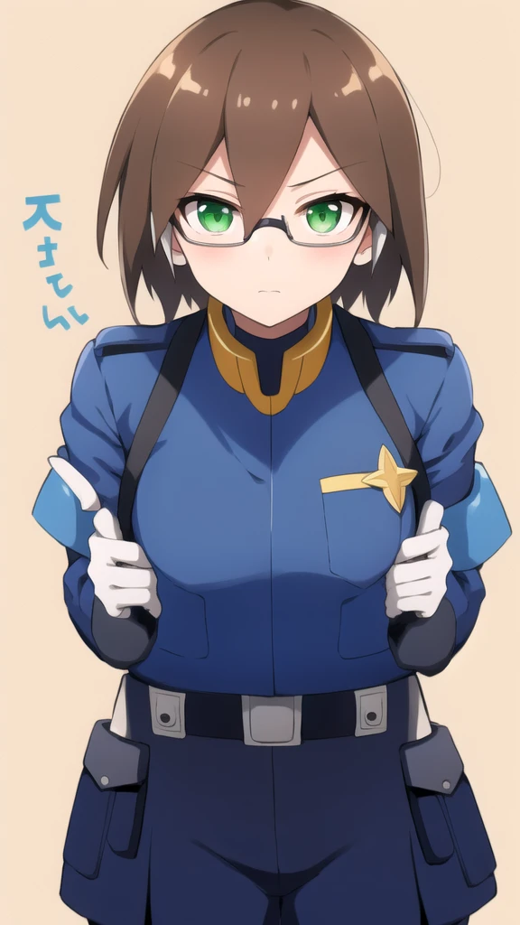 Aile_megamanzx, 1 girl, looking at viewer, Brown hair, green eyes ,classroom background , Glasses, Police Clothes 