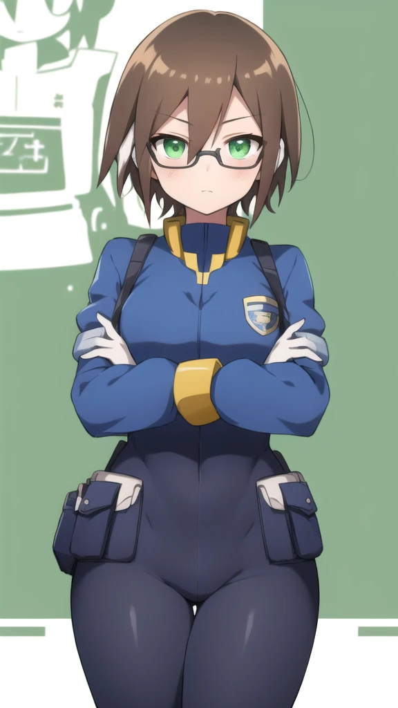 Aile_megamanzx, 1 girl, looking at viewer, Brown hair, green eyes ,classroom background , Glasses, Police Clothes 