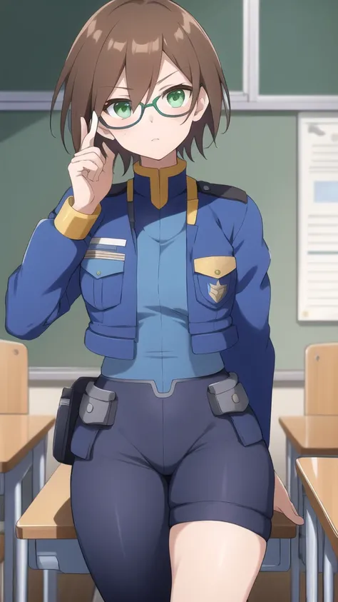 Aile_megamanzx, 1 girl, looking at viewer, Brown hair, green eyes ,classroom background , Glasses, Police Clothes 