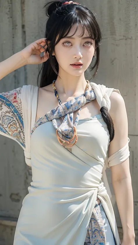 Half-length photo, face close-up, face shot, a beautiful woman, messy hair, girly, Symmetrical bun, hair accessories, jewelry, delicate face, (sling: 1.5), (High slit lower skirt 1.7), (many patterns: 1.5), crop navel, open belly, Dunhuang style, many ribb...