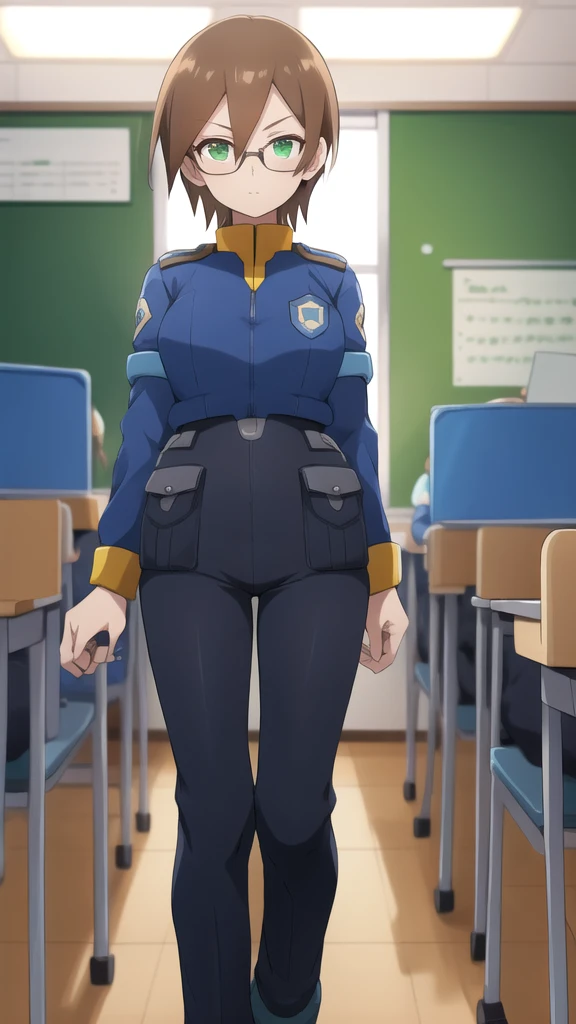 Aile_megamanzx, 1 girl, looking at viewer, Brown hair, green eyes ,classroom background , Glasses, Police Clothes 