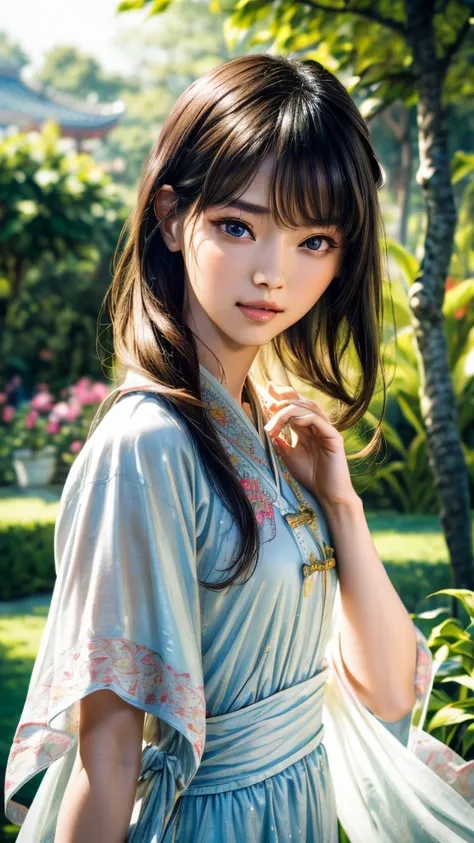 "(best quality, highres, ultra-detailed), A girl in a garden, Chinese Hanfu, beautiful detailed eyes, beautiful detailed lips, long eyelashes, graceful dance movements, flowing silk dress, vibrant flowers, gentle breeze, natural sunlight, vivid colors, ele...