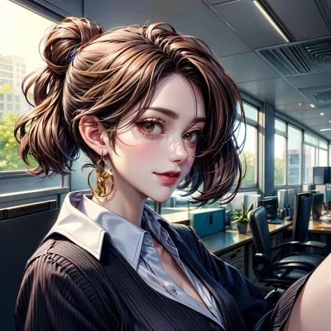 1 woman of 30 years old, {{{brunette}}} all hair tied up and back into a single neat bun with no loose strands of hair, {{{pale brown eyes}}}, office blouse and black pin skirt, small smile, {pearl earrings}, in a office with cold lighting, {best quality.}...