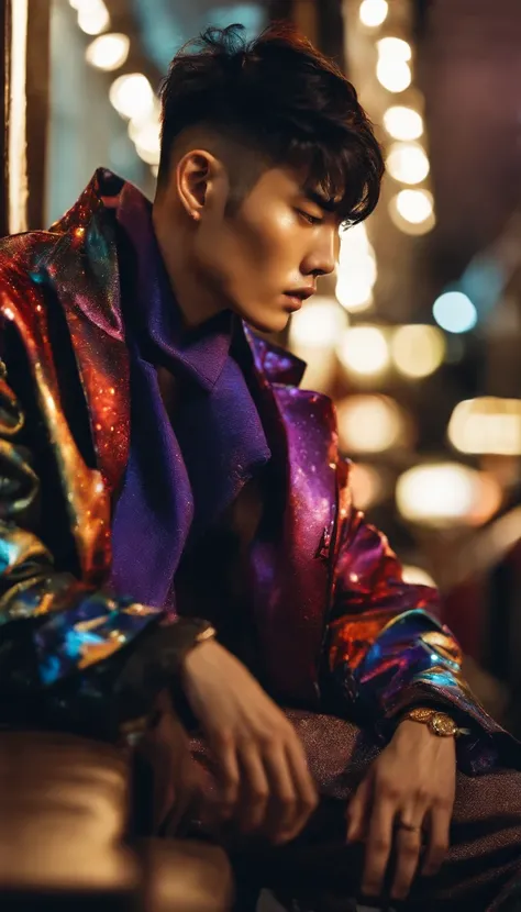 fashion photo of a Korean male model with messy buzzcut hair wearing a colorful trend jacket in a lightning cinematic style