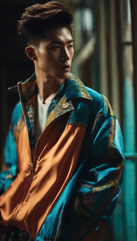 fashion photo of a Korean male model with messy buzzcut hair wearing a colorful trend jacket in a lightning cinematic style