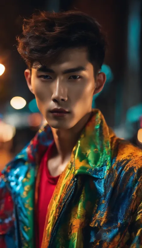 fashion photo of a Korean male model with messy buzzcut hair wearing a colorful trend jacket in a lightning cinematic style