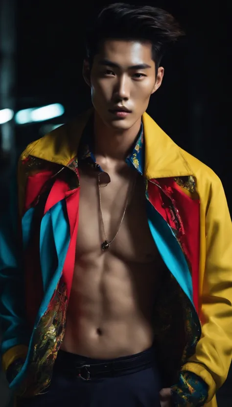 fashion photo of a Korean male model with messy buzzcut hair wearing a colorful trend jacket in a lightning cinematic style