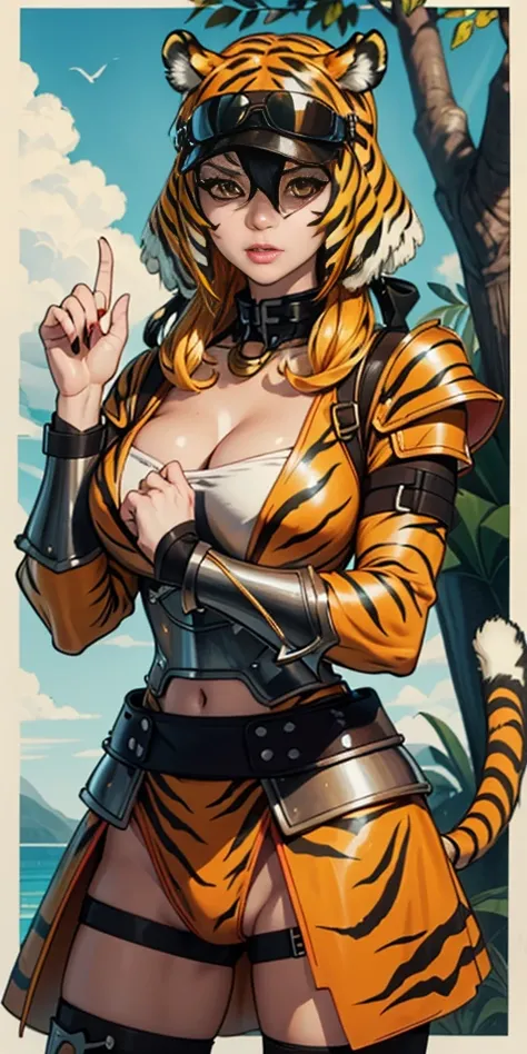 1 solo female blindfolded, animal tiger ears, animal tiger hands, animal tiger print, bell ((Armor reminiscent of a tiger))