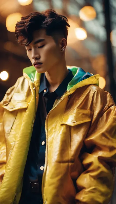 fashion photo of a Korean male model with messy buzzcut hair wearing a colorful trend jacket in a lightning cinematic style