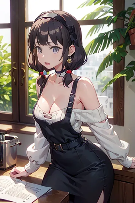 masterpiece, 1girl, Amazing Cleavage:1.3, thin waist, big ass, Raised sexy, small breast:1.0,posed cleavage:1.2,solo, looking at viewer, open mouth, have a cup of coffee,black hair, red eyes, dress, bare shoulders, jewelry, collarbone, sidelocks, hairband,...