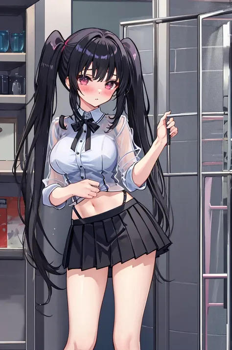 A girl，Imprisoned in an iron cage，twintails，Long hair，Black Hair，((transparent))，shirt，Towering breasts，Sexy Lingerie，Slim waist，Showing belly，Pleated Skirt，Smooth legs，blush，