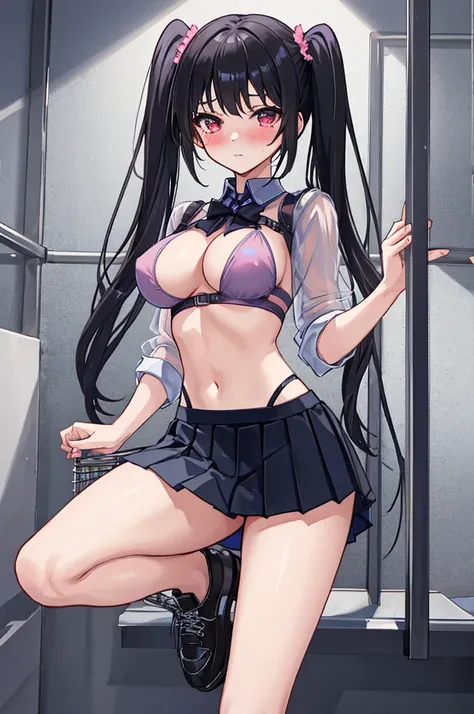 A girl，Imprisoned in an iron cage，twintails，Long hair，Black Hair，((transparent))，shirt，Towering breasts，Sexy Lingerie，Slim waist，Showing belly，Pleated Skirt，Smooth legs，blush，