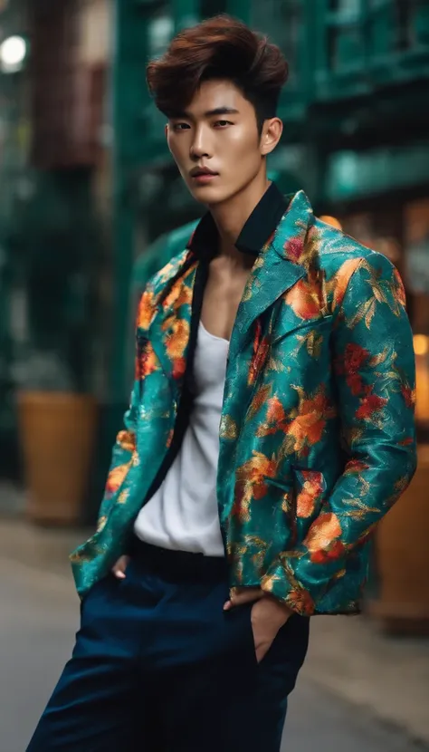 Fashion photo of Korean male model with short messy hair wearing colorful trend jacket revealing six pack abs in flash cinematic style