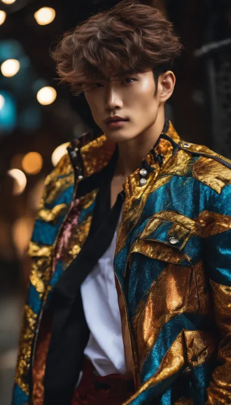 Fashion photo of Korean male model with short messy hair wearing colorful trend jacket revealing six pack abs in flash cinematic style