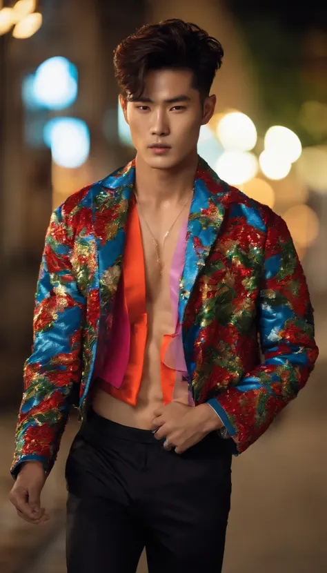 Fashion photo of Korean male model with short messy hair wearing colorful trend jacket revealing six pack abs in flash cinematic style