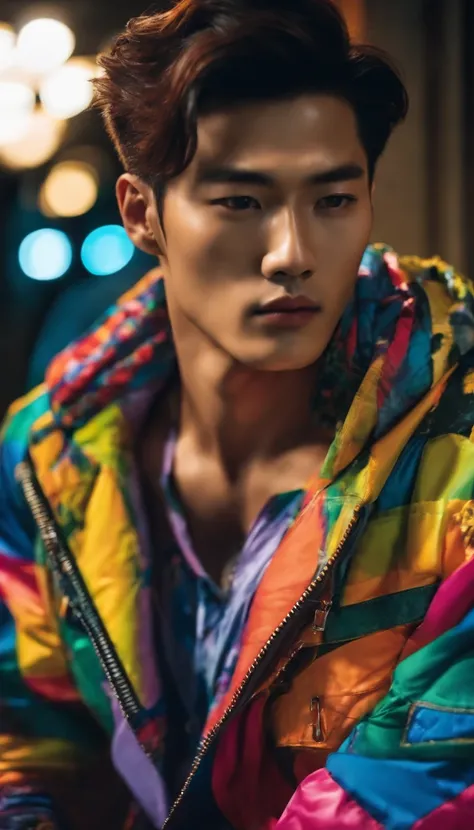 Fashion photo of Korean male model with short messy hair wearing colorful trend jacket revealing six pack abs in flash cinematic style