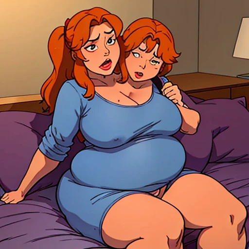 a comic page about a fully pajama wearing 24 year old extremely fat woman with ginger pigtails adjusting to her first night with her 40 year old gigantomastia mother with long gray hair as her second head on her immobile two headed body. She’s clearly unco...