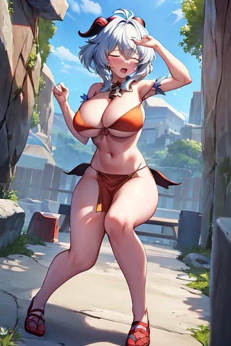 masterpiece, best quality, beautiful art, high resolution, well formed hands, body and fingers, 1 woman, solo, Ganyu, goat horns, grown up, adult, hair ribbon , big breasted, cleavage, full body, long hair,  wearing a Mii outfit, sexy and skimpy jungle bik...