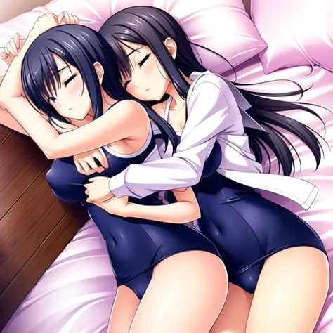 sleeping,school swimsuit,3girls,((Hug))