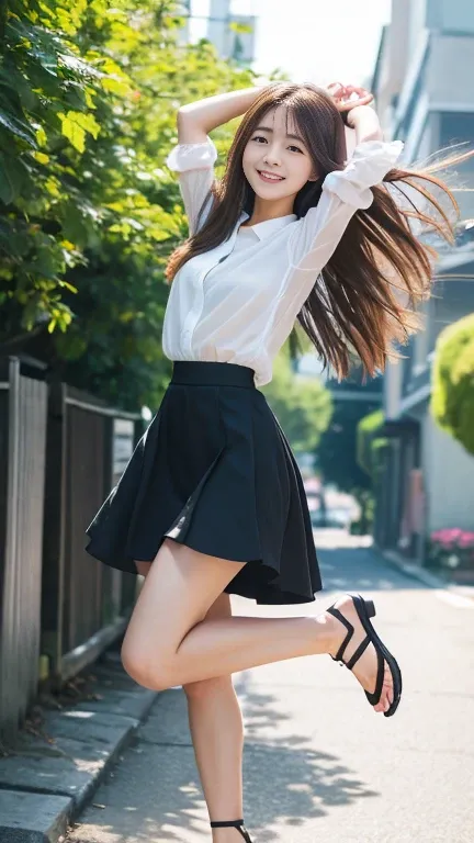 wgz style,masterpiece、8k resolution、Detailed portrait of a beautiful woman,RAW Photos、Perfect feminine face,18 year old Japanese、Skinny Beautiful Girl、light ash hair color、Long hair blowing in the wind、Midsummer natural light、Sunny street after the rain、(A...