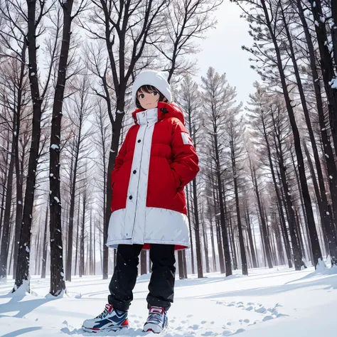 simple,(tricolor popart),flat color,white background,Snowy scenery all around,(only 1tree in the center of the screen),A little person in a red coat is standing next to a tree,photographic portrait, sharp,