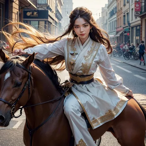 as a high-resolution image of an ancient bicycle in the bustling streets of Baker Street. The bicycle showcases intricate details and a vintage aesthetic, capturing the essence of the bygone era. The rider, with hair flowing in the wind, exudes a sense of ...