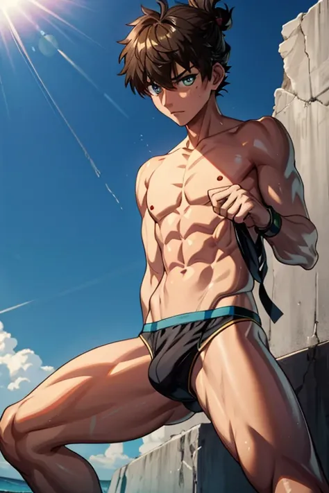 Tied up　torture　anime　fight　youth　Swimwear　back　male　Yellow muscle　Thin Thin legs　Embarrassed