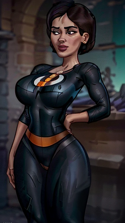 (A melhor qualidade,A high resolution,Ultra - detalhado,real),Helen Parr com um BodySuit vermelho e preto ,(domino mask), cabelo castanho curto, ,(Ruined dungeon ruins background:1.4 ), (Detalhes do rosto: 1.5, olhos azuis brilhantes, bonito rosto, olhos b...