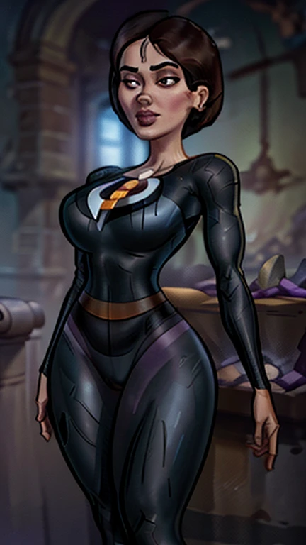 (A melhor qualidade,A high resolution,Ultra - detalhado,real),Helen Parr com um BodySuit vermelho e preto ,(domino mask), cabelo castanho curto, ,(Ruined dungeon ruins background:1.4 ), (Detalhes do rosto: 1.5, olhos azuis brilhantes, bonito rosto, olhos b...