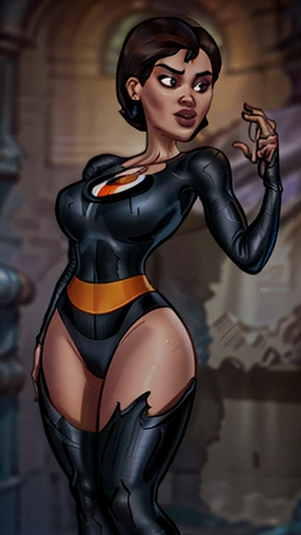 (A melhor qualidade,A high resolution,Ultra - detalhado,real),Helen Parr com um BodySuit vermelho e preto ,(domino mask), cabelo castanho curto, ,(Ruined dungeon ruins background:1.4 ), (Detalhes do rosto: 1.5, olhos azuis brilhantes, bonito rosto, olhos b...