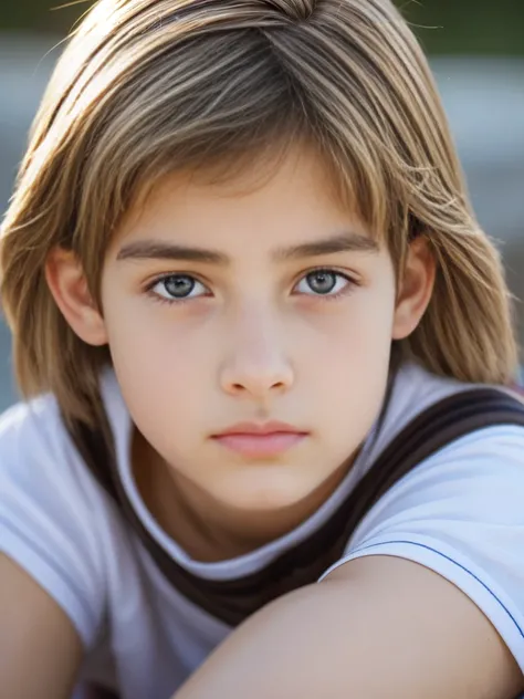 A 14 year old boy, hermoso, facciones finas, rasgos lindos, piel blanca, ojos azules, light brown hair, mirada triste y pensativa, pecho agradable y definido, toples, piernas fuertes musculosas