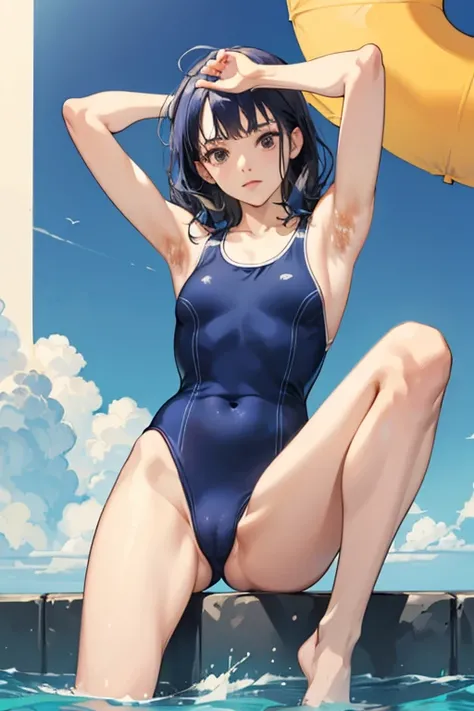 Only One Woman、One piece swimsuit、Navy blue school swimsuit、Spread your legs、stretch、Armpit hair、Hairy armpits