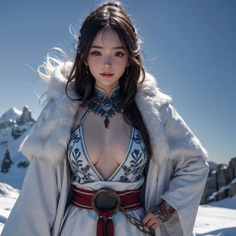 Hide in the snow mountain, Hair flows, (highest quality, masterpiece, 8k, best image quality, ultra high resolution, Award-winning work), (accurate anatomy:1.1), (look at me and smile:1.1), Shining fair skin with ultra high resolution, most detailed face, ...