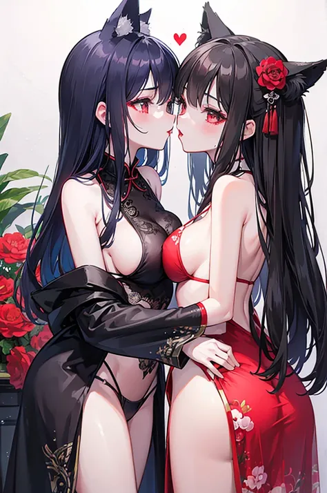 Magic Kiss.Red lips，love，2 girls，Fox ears，Kiss each other，antipodeans，black and white，Lace bikini cheongsam，Carnation Sea，Grand scene