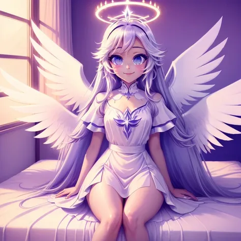 anime girl with angel wings sitting on a bed in a room, posiblemente un angel, angelical purity, of an beautiful chica angel, gl...