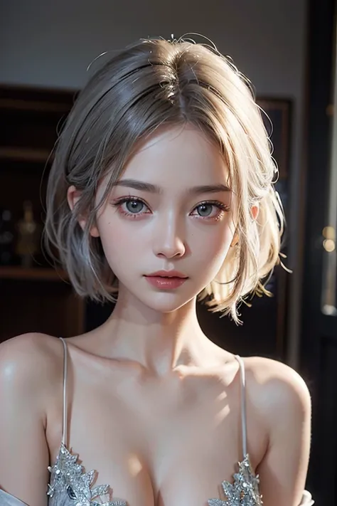 (masterpiece:1.3), (8k, Photorealistic, Raw photo, Best image quality: 1.4), Fair-skinned fairy woman、Long Haircut、Cleavage:2.0、Super detailed face、Attention to detail、double eyelid、Put your chest together、Sharp focus:1.2、Beautiful woman:1.4、Silvery white ...