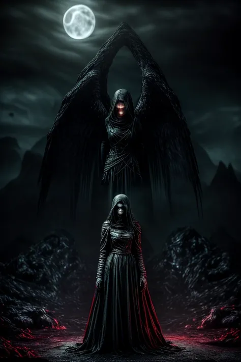 (best quality, highres, ultra-detailed:1.2),(dark, eerie, unsettling),(horror),(blood-red,sinister,terrifying,ominous),(moonlit),(macabre figure in the background),(cracked lava spewing blood),(demonic figure),(angel of darkness),(haunting),(ominous landsc...