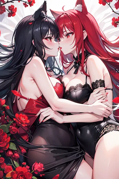 Magic Kiss.Red lips，love，2 girls，Fox ears，Kiss each other，antipodeans，black and white，Lace bikini cheongsam，Lying in a sea of red carnations，Grand scene