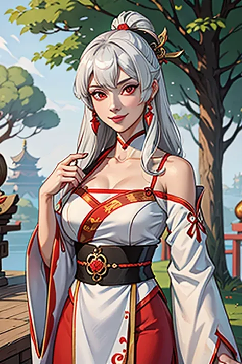 masterpiece, best quality, 1girl, solo, long hair, looking at viewer, smile, bangs, hair ornament, red eyes, long sleeves, dress, standing, collarbone, white hair, grey hair, alternate costume, wide sleeves, tree, chinese clothes, hairpin, hanfu, ningguang...